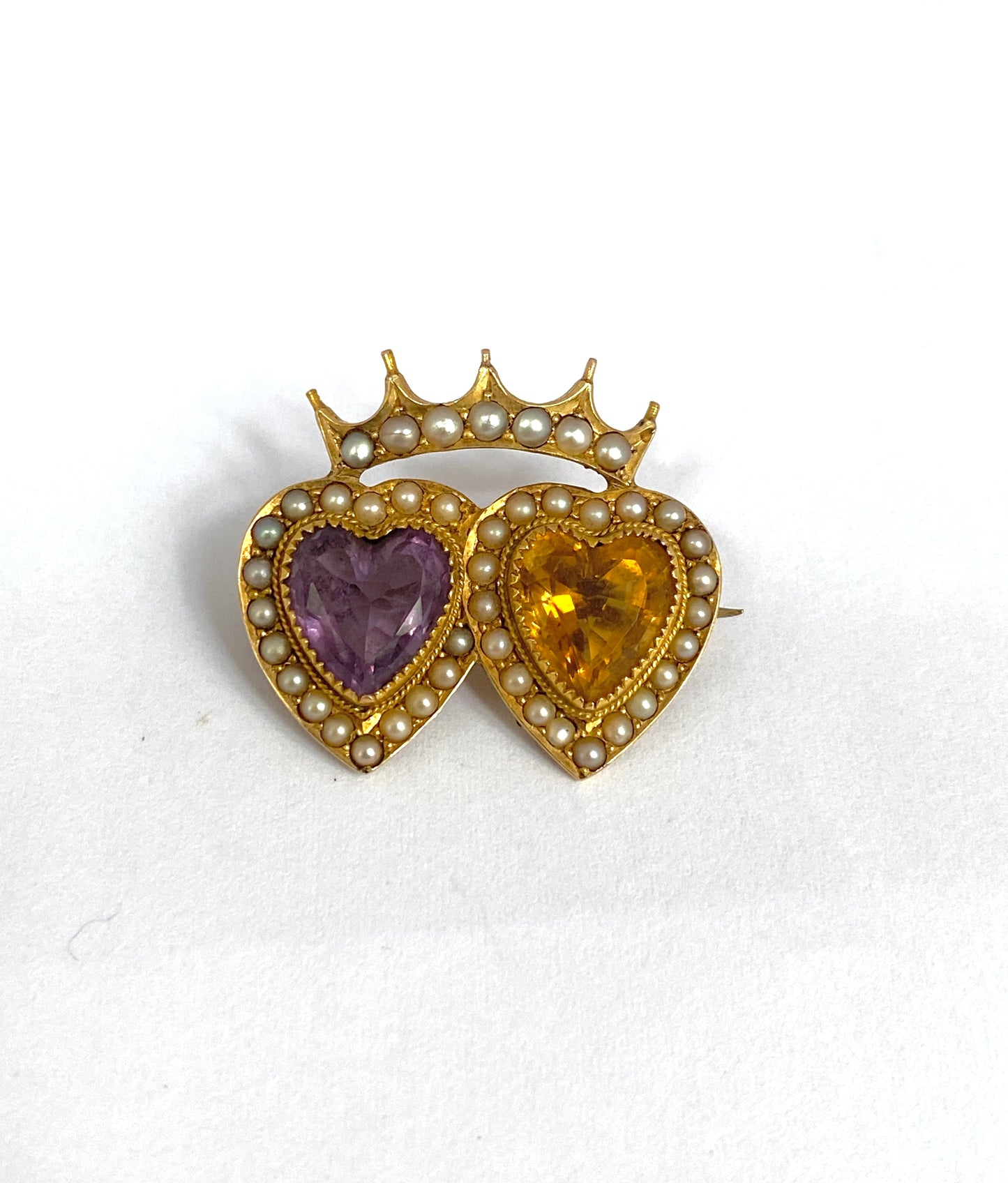 Victorian 15ct Gold, Amethyst and Citrine Double Heart Brooch with Seed Pearl Bow