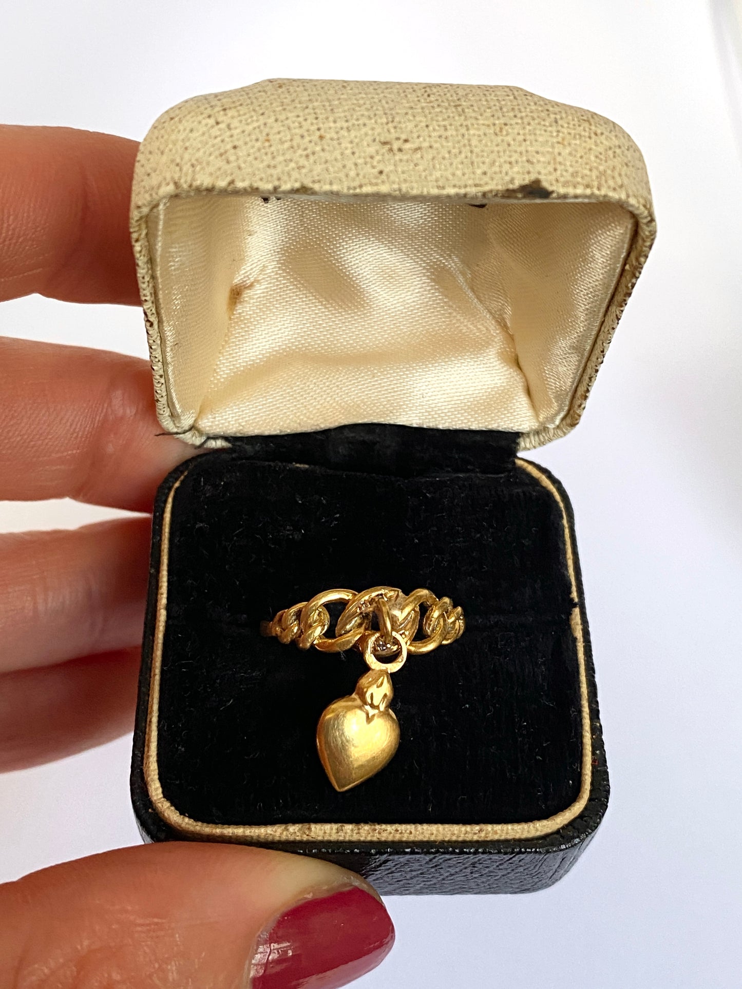 Vintage, 14ct Gold,  Hanging Heart Charm Ring with Diamonds