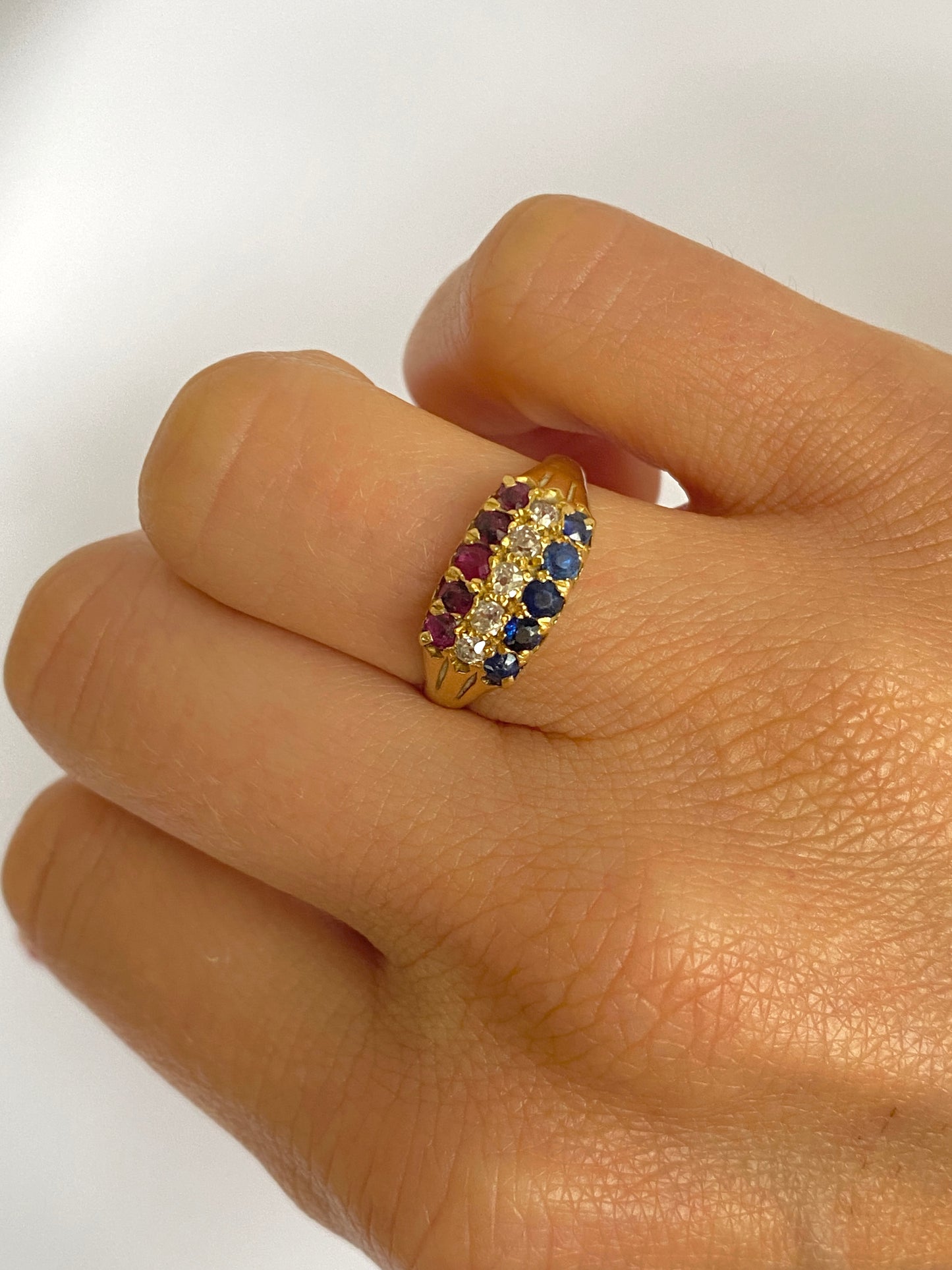 Art Deco, 18ct Gold Ruby, Sapphire and Diamond Triple Tricolour Ring, Hallmarked 18ct Gold