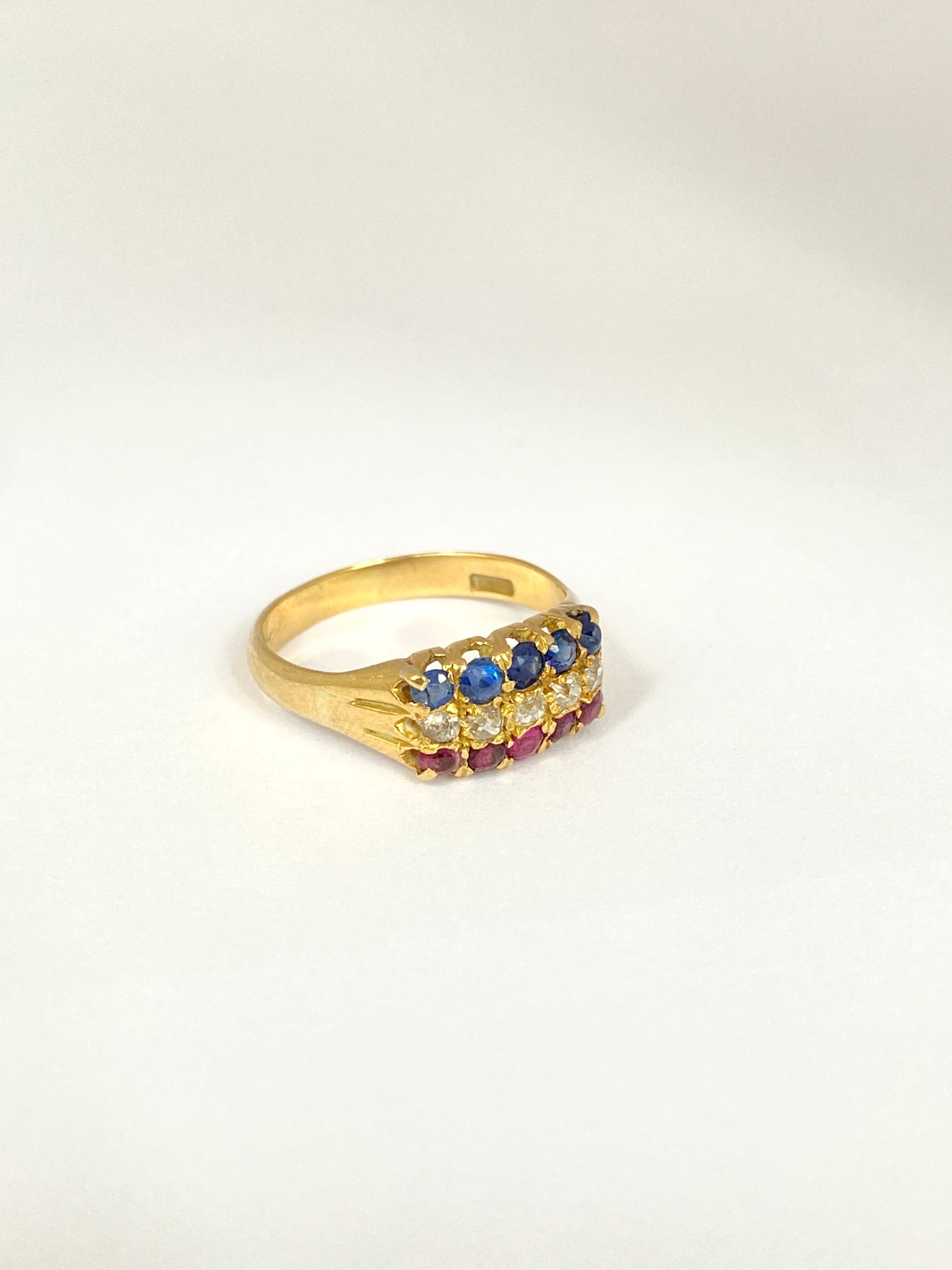 Art Deco, 18ct Gold Ruby, Sapphire and Diamond Triple Tricolour Ring, Hallmarked 18ct Gold