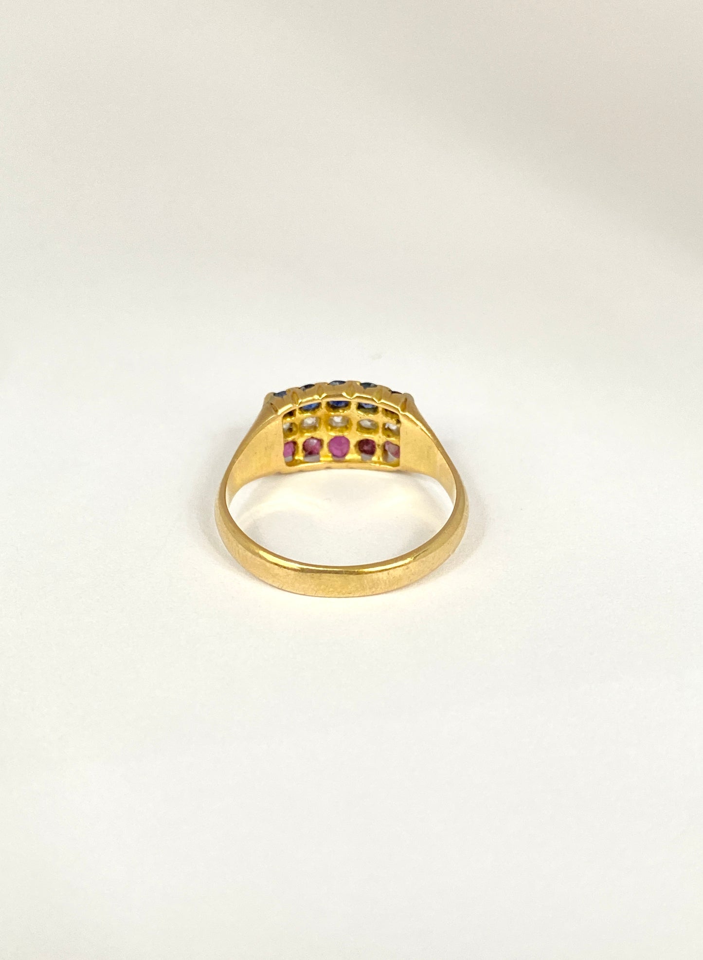 Art Deco, 18ct Gold Ruby, Sapphire and Diamond Triple Tricolour Ring, Hallmarked 18ct Gold