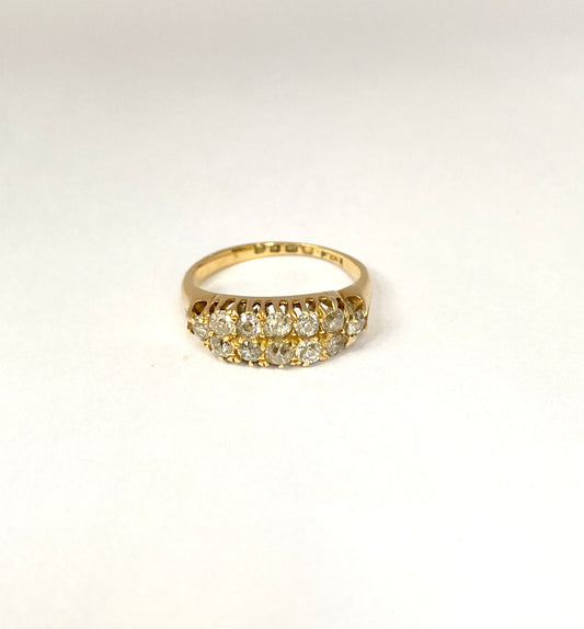 Vintage, 18ct Gold Double Row Diamond Old Cut Ring, Hallmarked for 18ct Gold and 1945