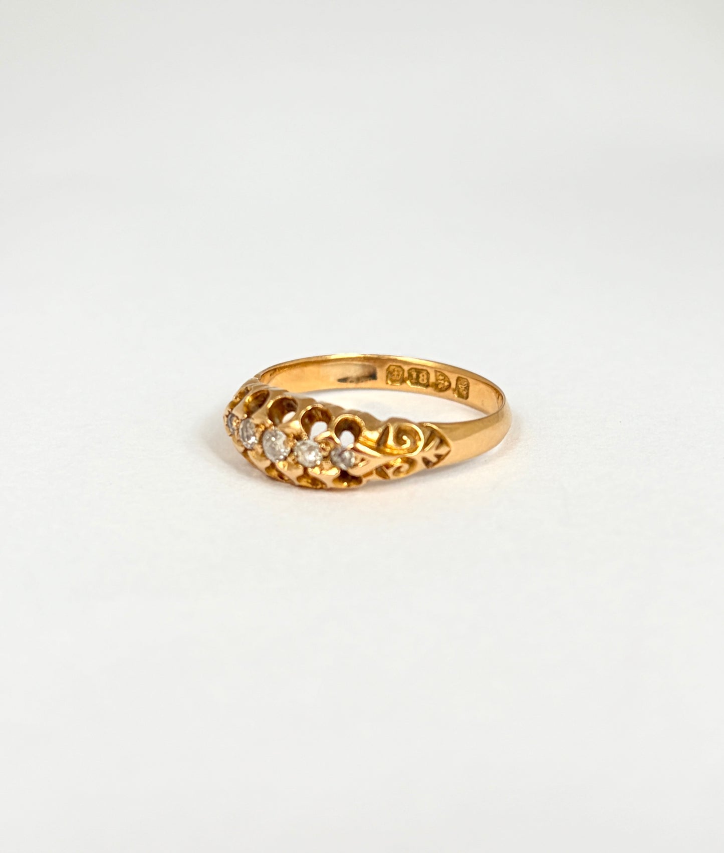 Antique, Edwardian, 18ct Gold, Old Mine Cut, Diamond 5 Stone Ring, Hallmarked, 18ct Gold,  Chester, 1901