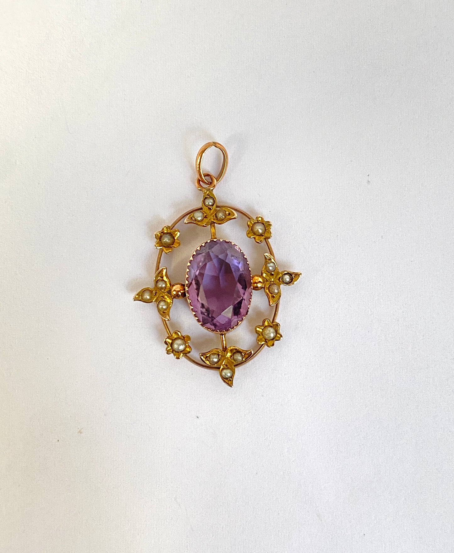 Antique, 9ct Gold, Amethyst and Seed Pearl Pendant