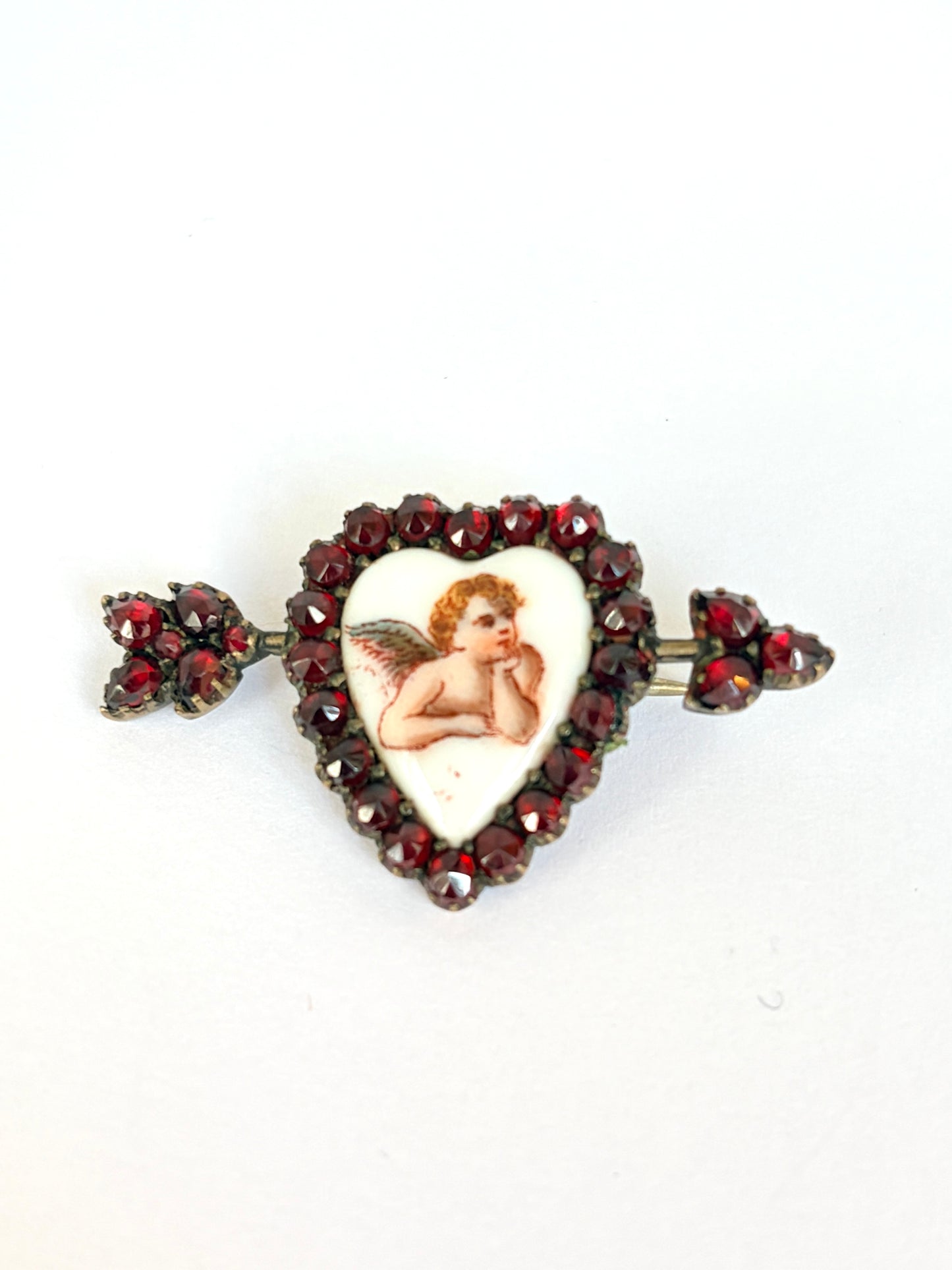 Antique Victorian, Silver and Garnet Cupid Arrow Brooch, with antique box