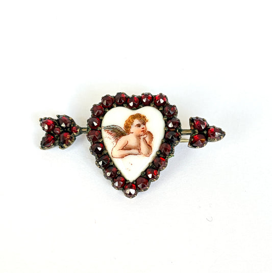 Antique Victorian, Silver and Garnet Cupid Arrow Brooch, with antique box