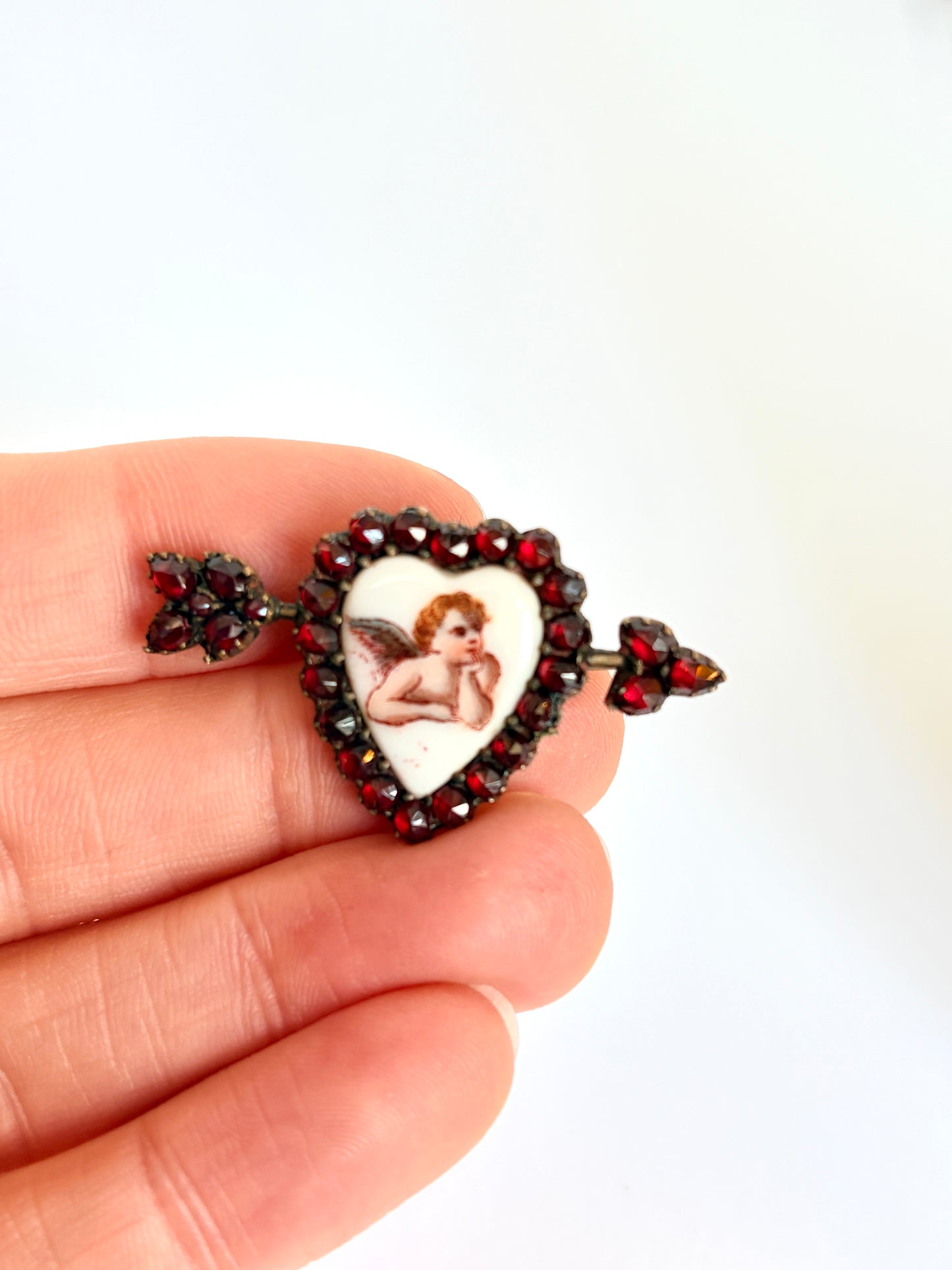 Antique Victorian, Silver and Garnet Cupid Arrow Brooch, with antique box