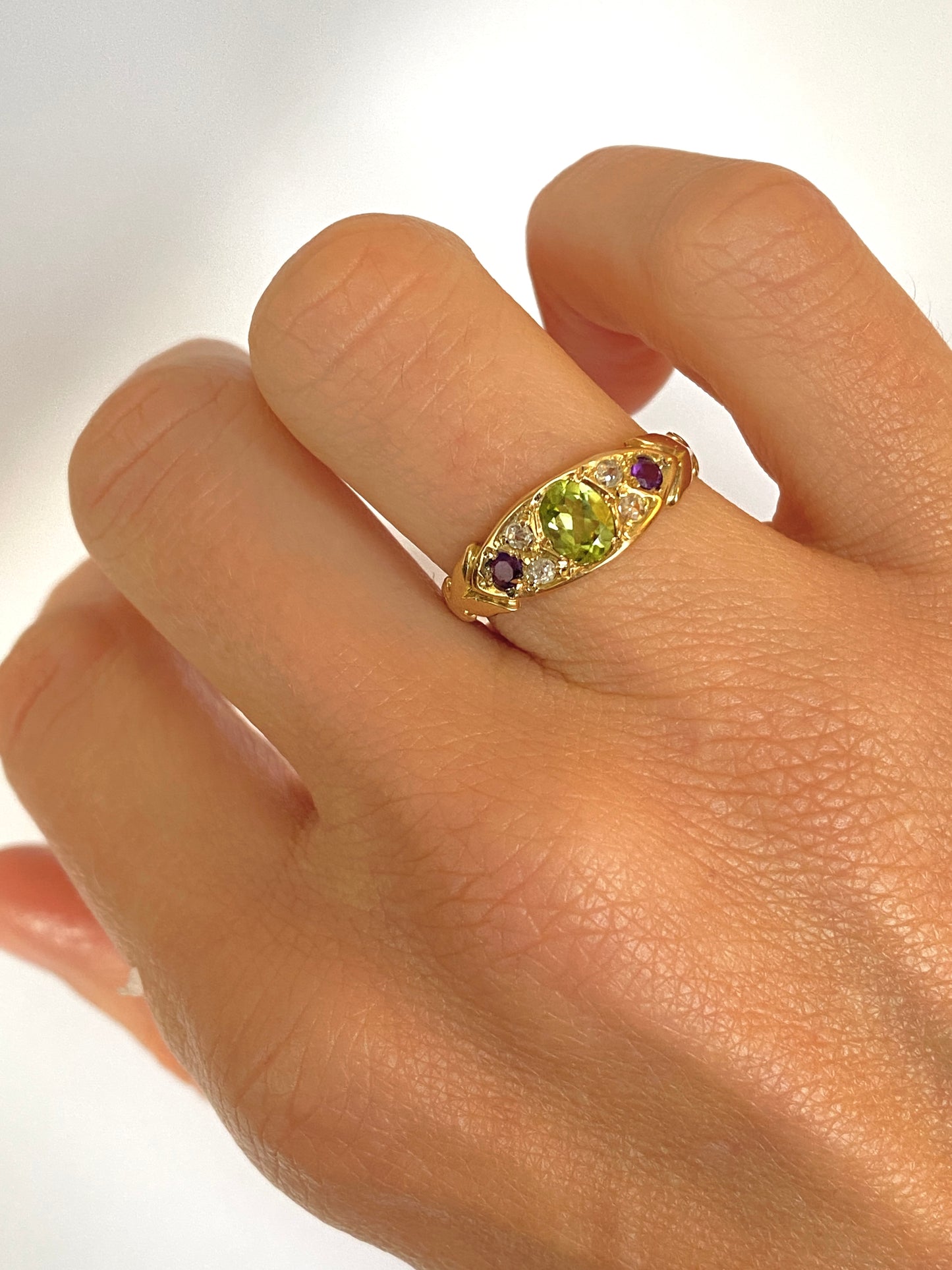 18ct Gold, Vintage Suffragette Ring, (Amethyst, Peridot and Diamond)