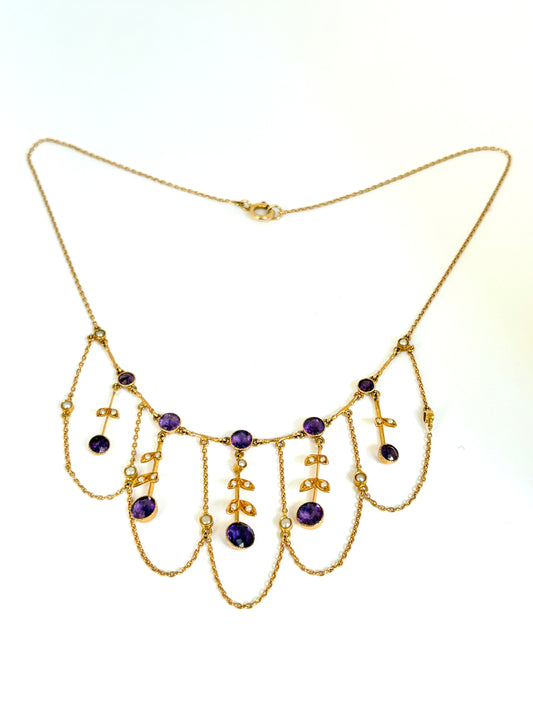 Stunning, Art Nouveau, 15ct Gold, Double Layer Amethyst and Pearl Fringe Necklace