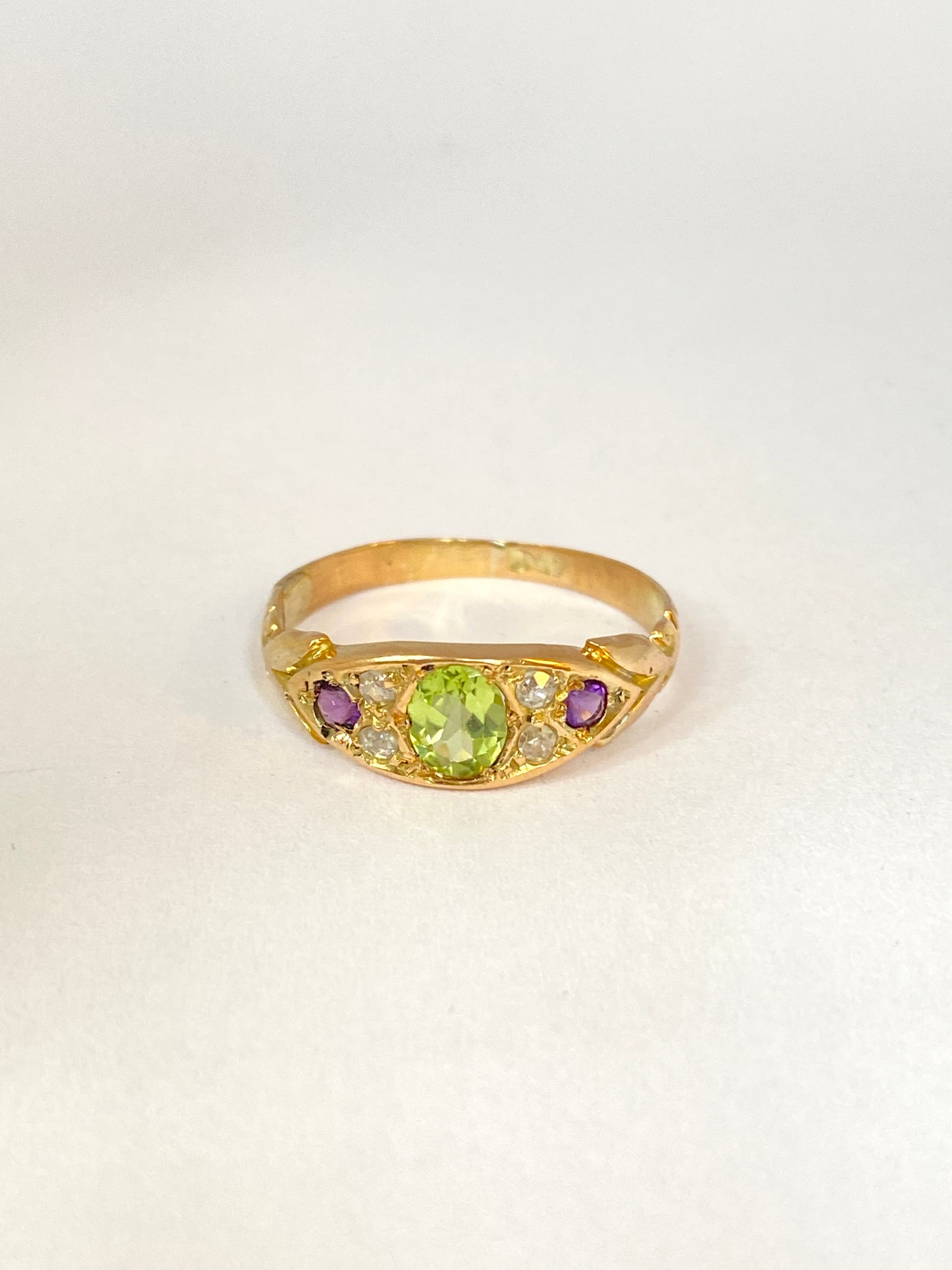 18ct Gold, Vintage Suffragette Ring, (Amethyst, Peridot and Diamond)