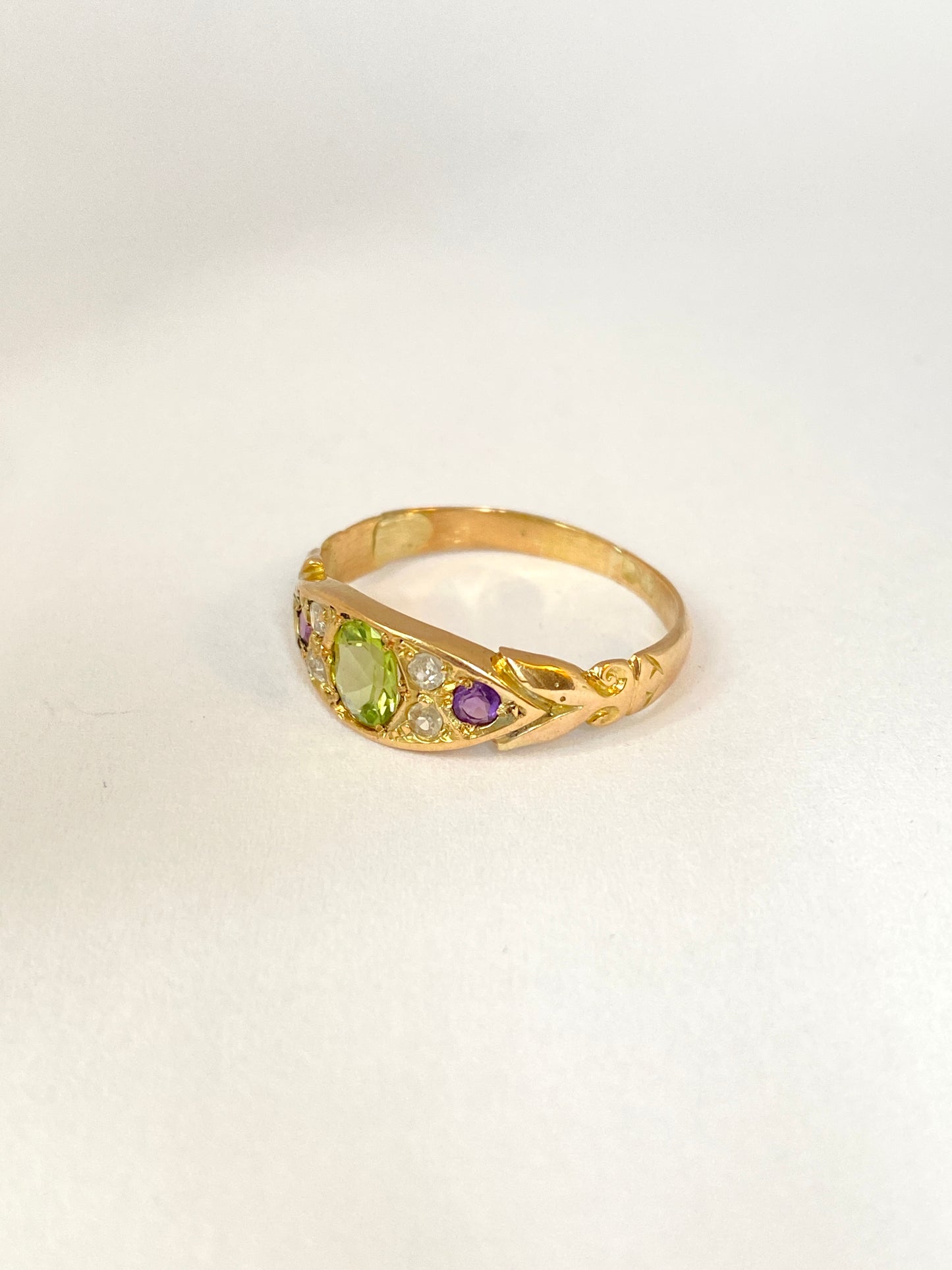 18ct Gold, Vintage Suffragette Ring, (Amethyst, Peridot and Diamond)