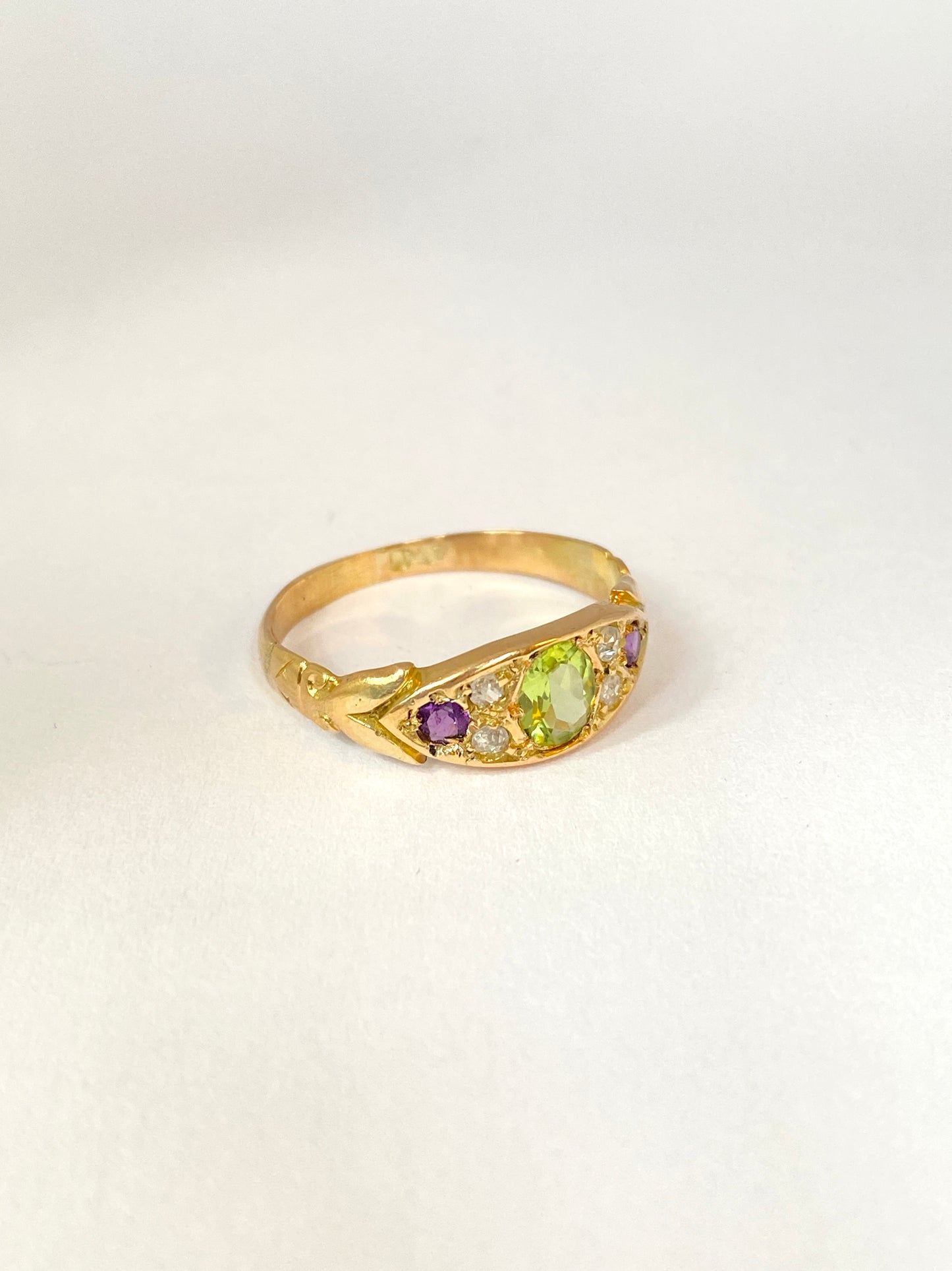 18ct Gold, Vintage Suffragette Ring, (Amethyst, Peridot and Diamond)