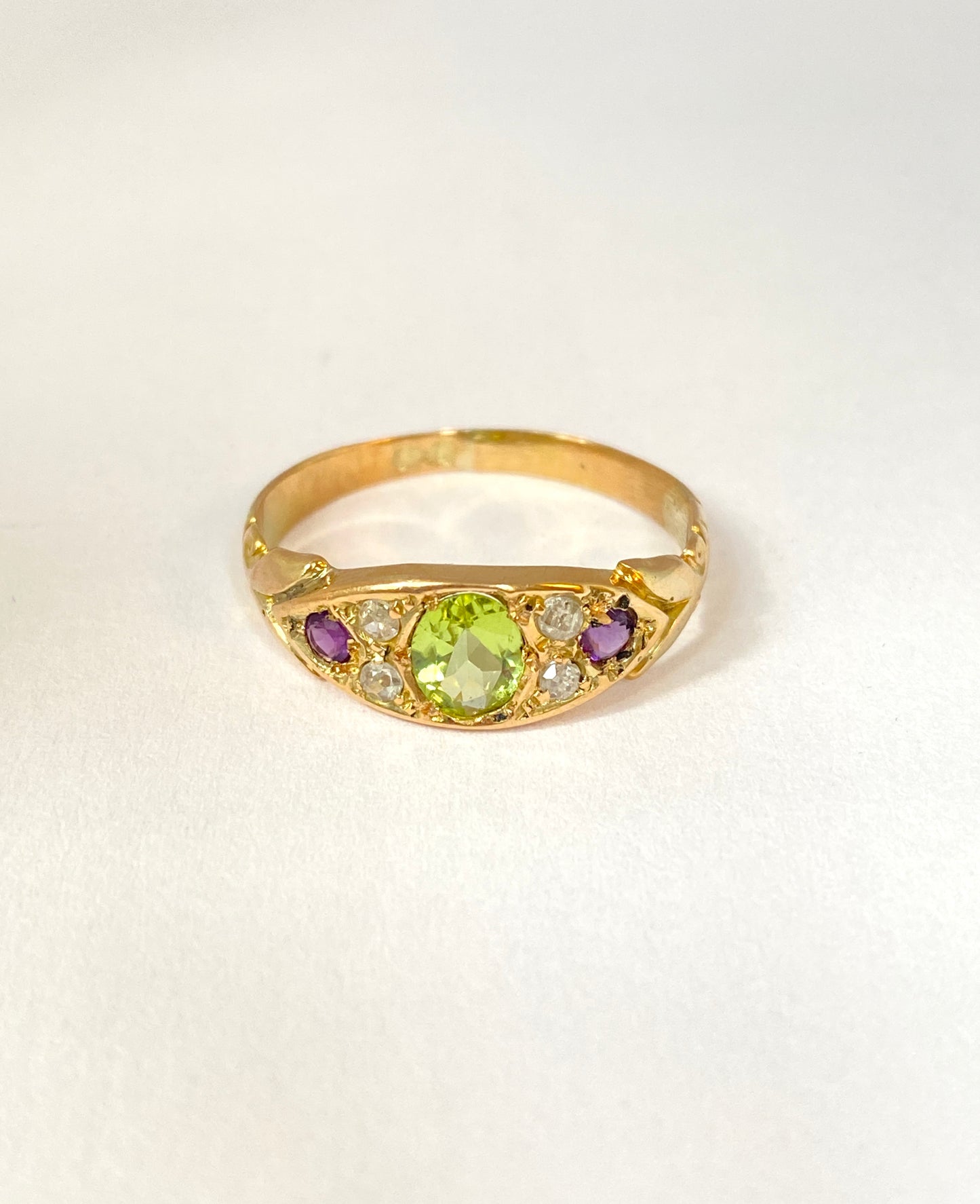 18ct Gold, Vintage Suffragette Ring, (Amethyst, Peridot and Diamond)