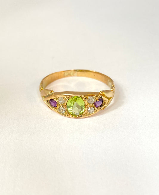 18ct Gold, Vintage Suffragette Ring, (Amethyst, Peridot and Diamond)