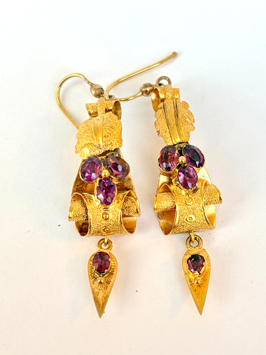 15ct Gold, Victorian,  Almandine Garnet and 15ct Gold, Floral Etruscan Revival Earrings