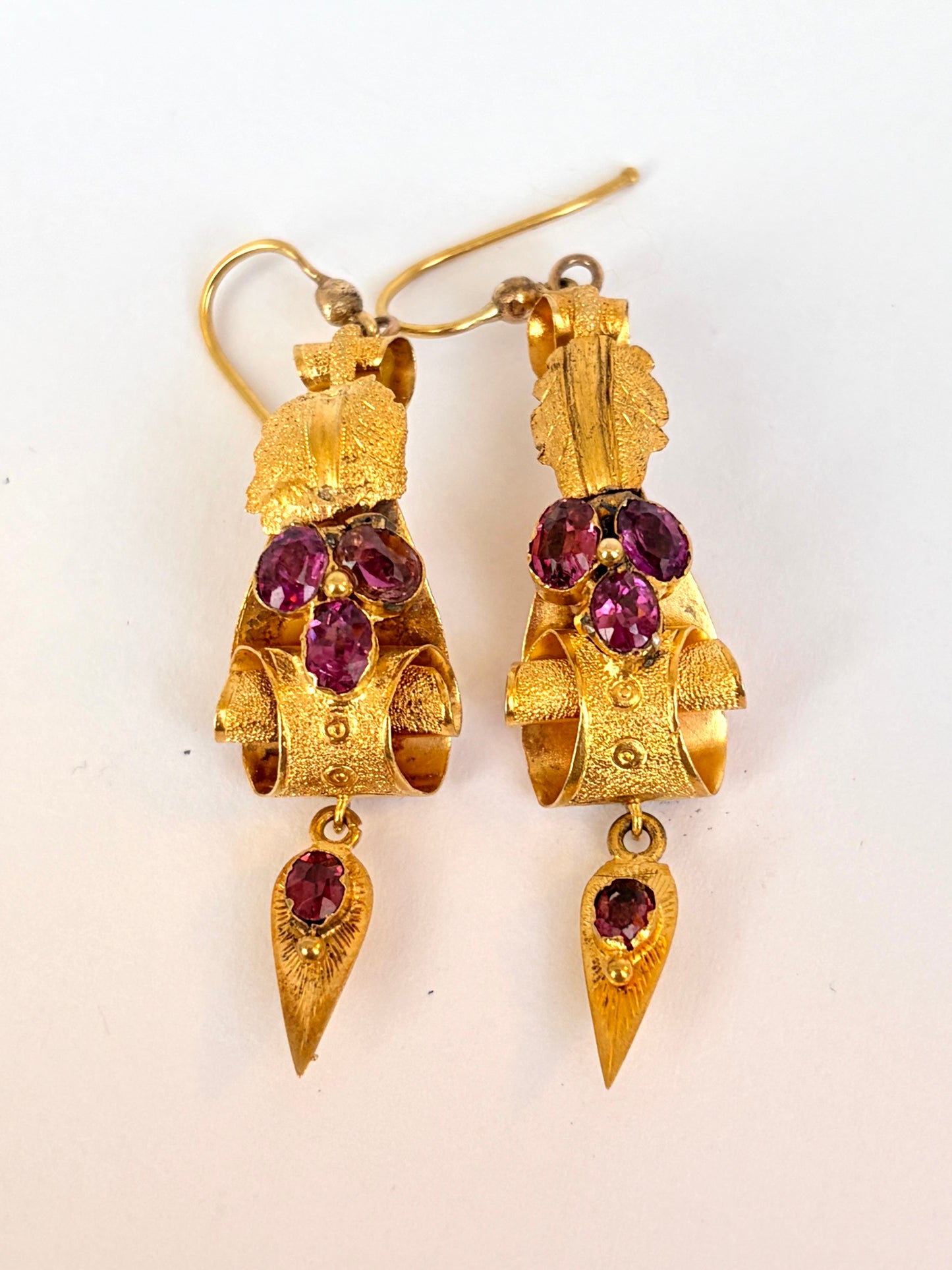 15ct Gold, Victorian,  Almandine Garnet and 15ct Gold, Floral Etruscan Revival Earrings