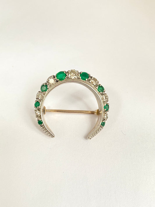 9ct Gold and Silver Emerald and Diamond Crescent Pin/Brooch