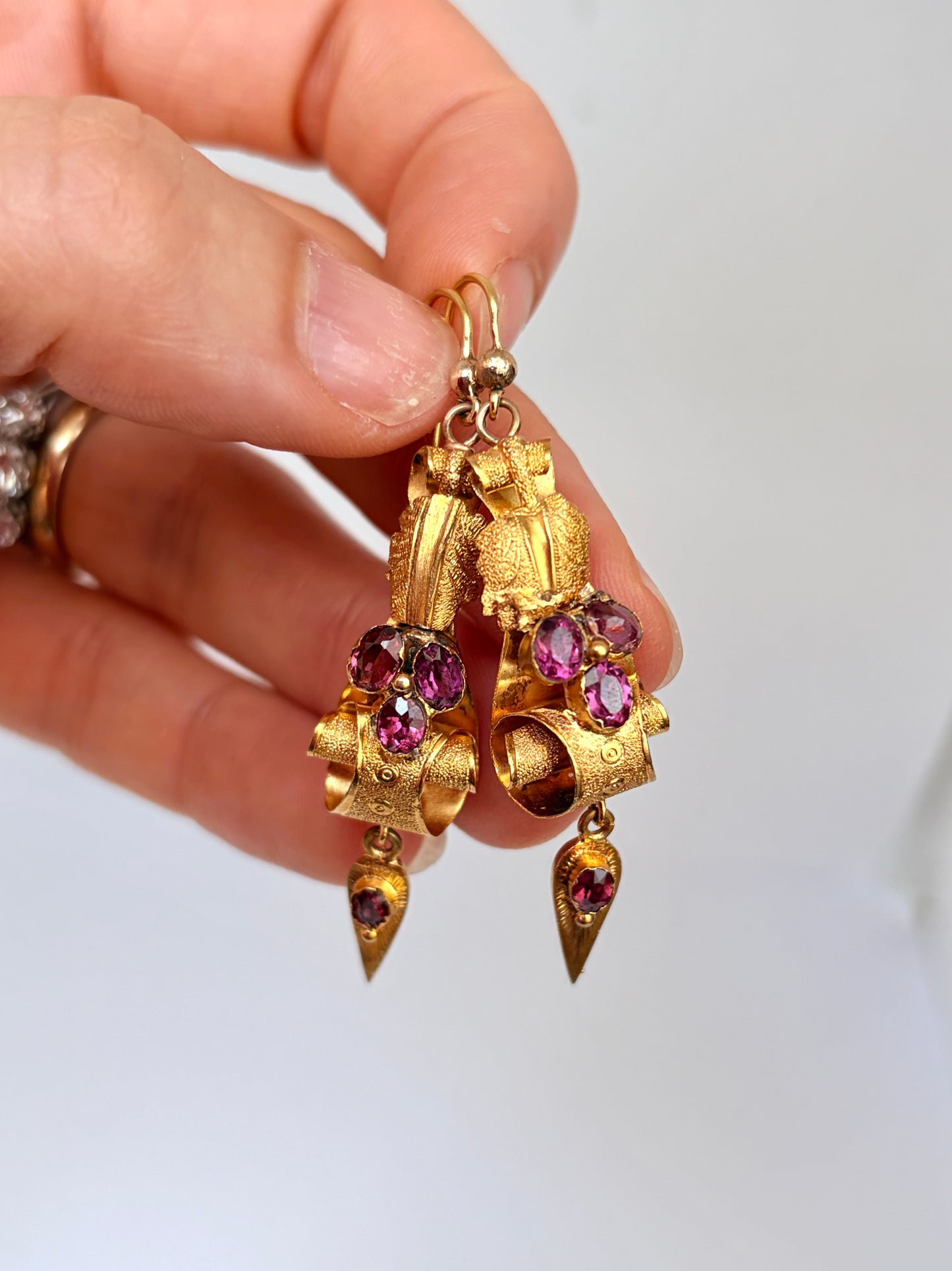 15ct Gold, Victorian,  Almandine Garnet and 15ct Gold, Floral Etruscan Revival Earrings