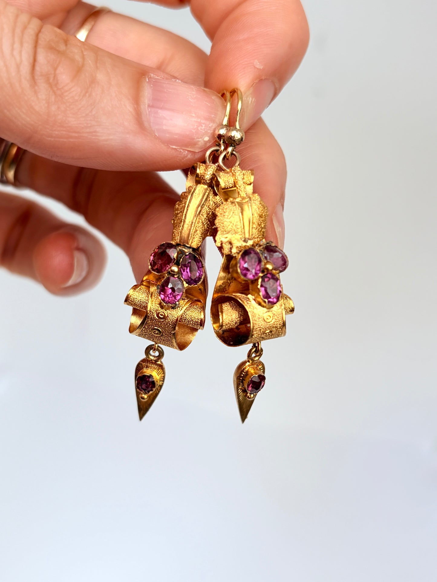 15ct Gold, Victorian,  Almandine Garnet and 15ct Gold, Floral Etruscan Revival Earrings