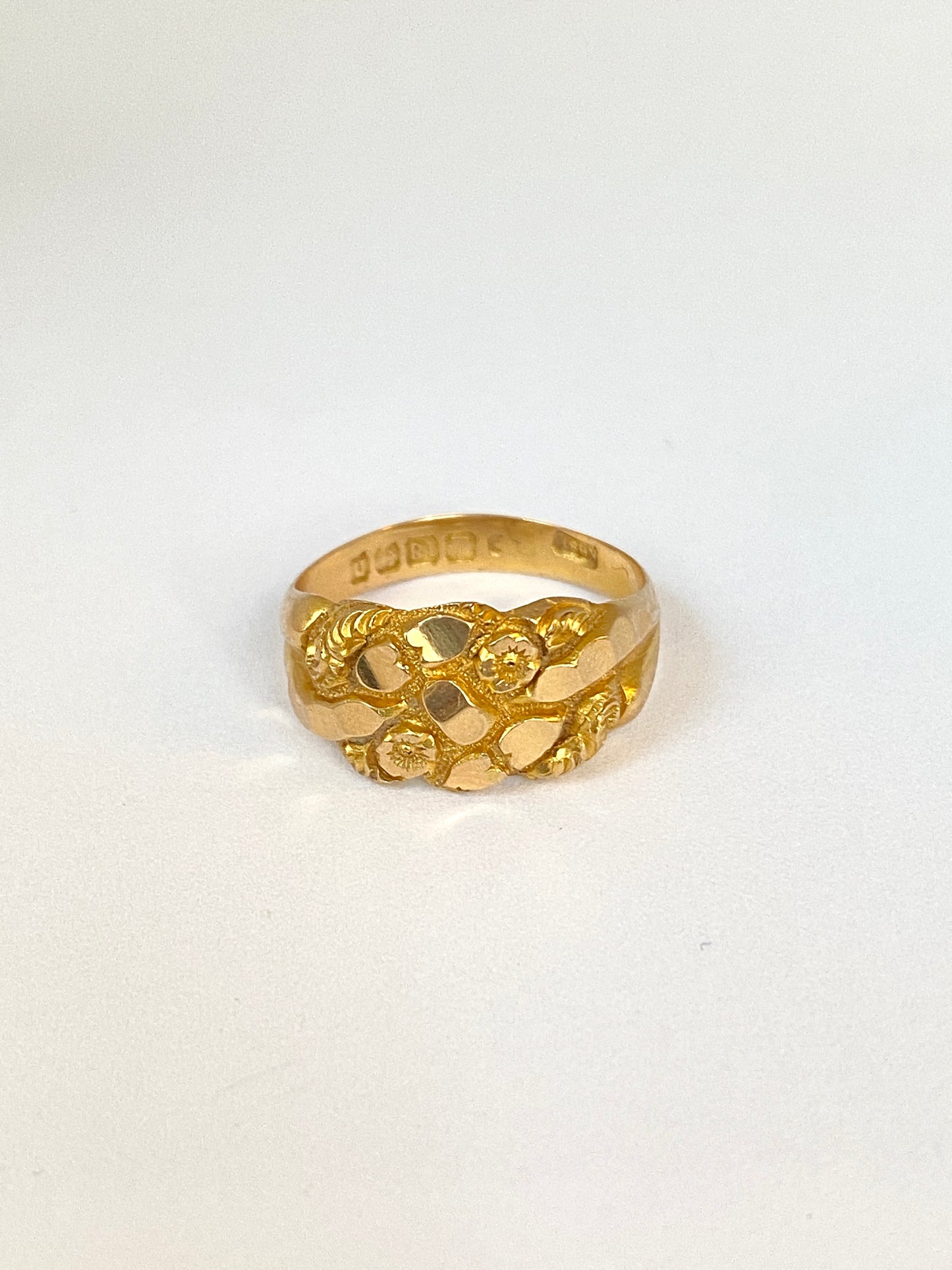 Antique 18ct Gold Engraved Forget-me-not Ring, Hallmarked 18ct Gold, Birmingham and 1912