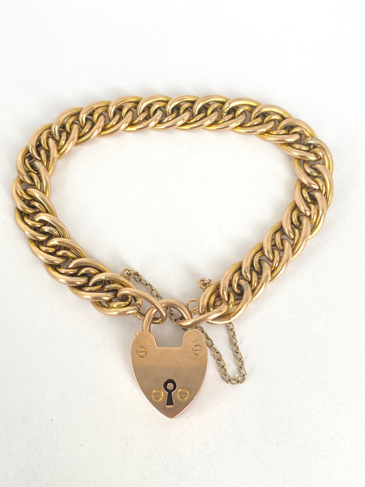 Antique, 9ct Gold Fancy Link Bracelet with Heart Padlock, Hallmarked Birmingham, 1900