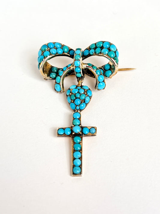 Incredible, Antique, Mid-Victorian, 15ct Gold Turquoise Bow, Heart and Cross Brooch/Pin