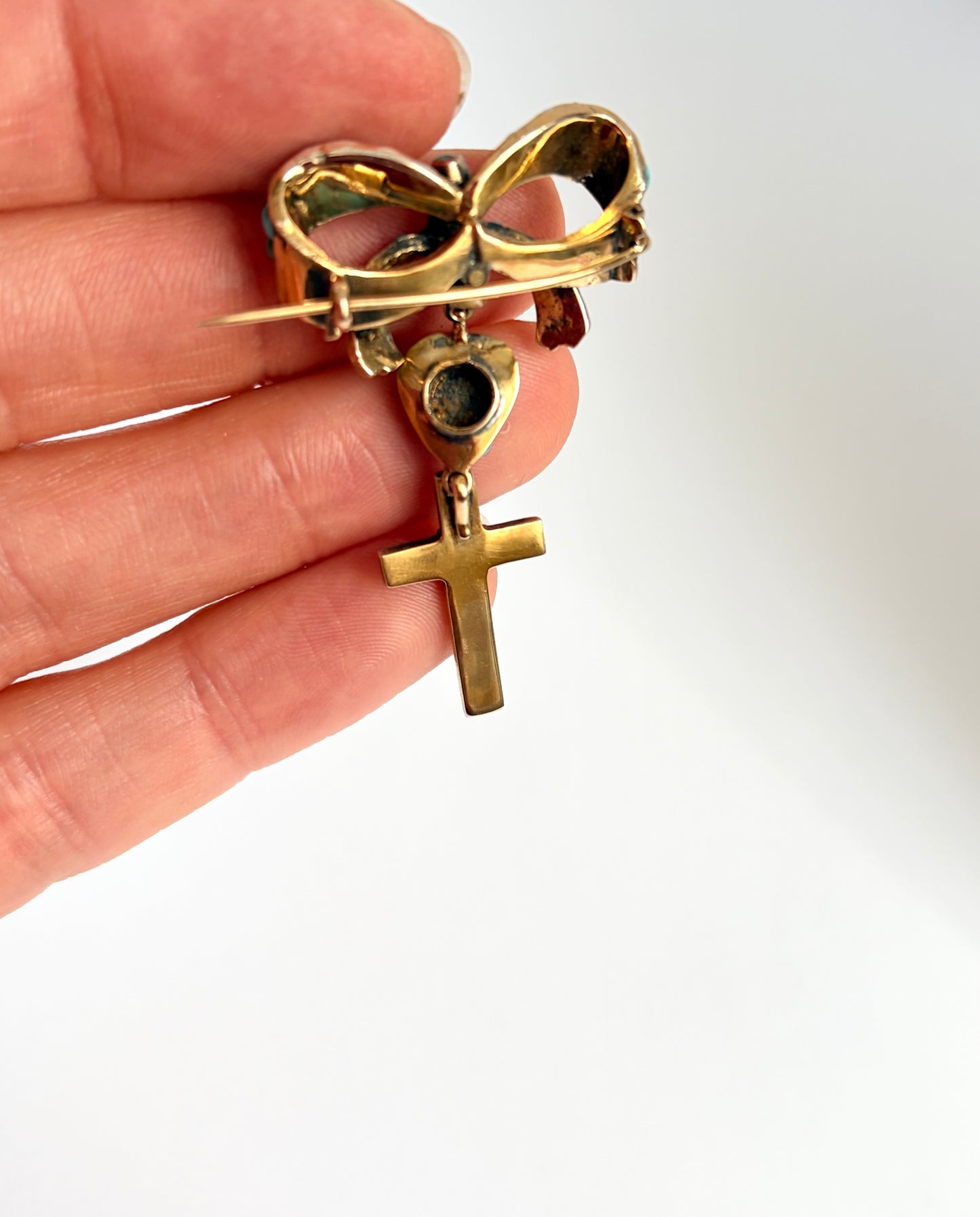 Incredible, Antique, Mid-Victorian, 15ct Gold Turquoise Bow, Heart and Cross Brooch/Pin