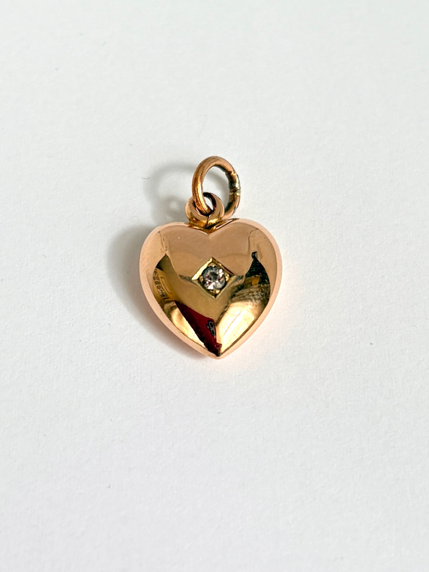 Vintage, 15ct Gold Puffy Heart Pendant with Old Mine Cut Diamond