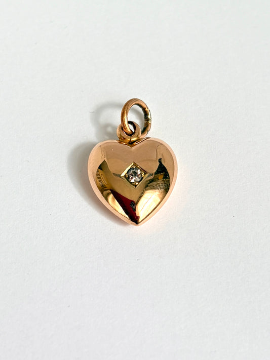 Vintage, 15ct Gold Puffy Heart Pendant with Old Mine Cut Diamond