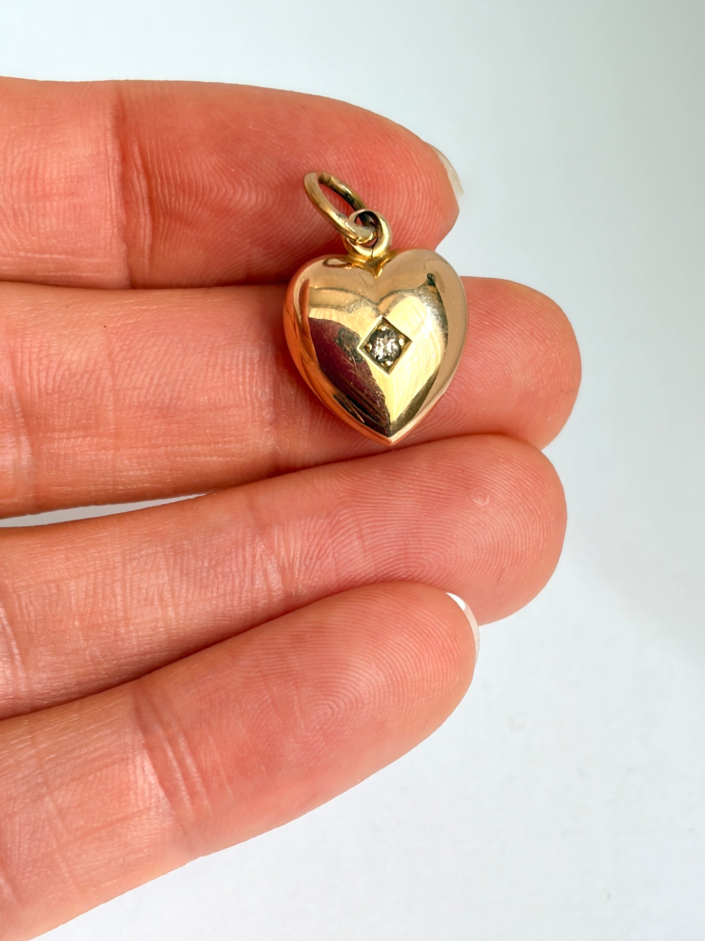 Vintage, 15ct Gold Puffy Heart Pendant with Old Mine Cut Diamond
