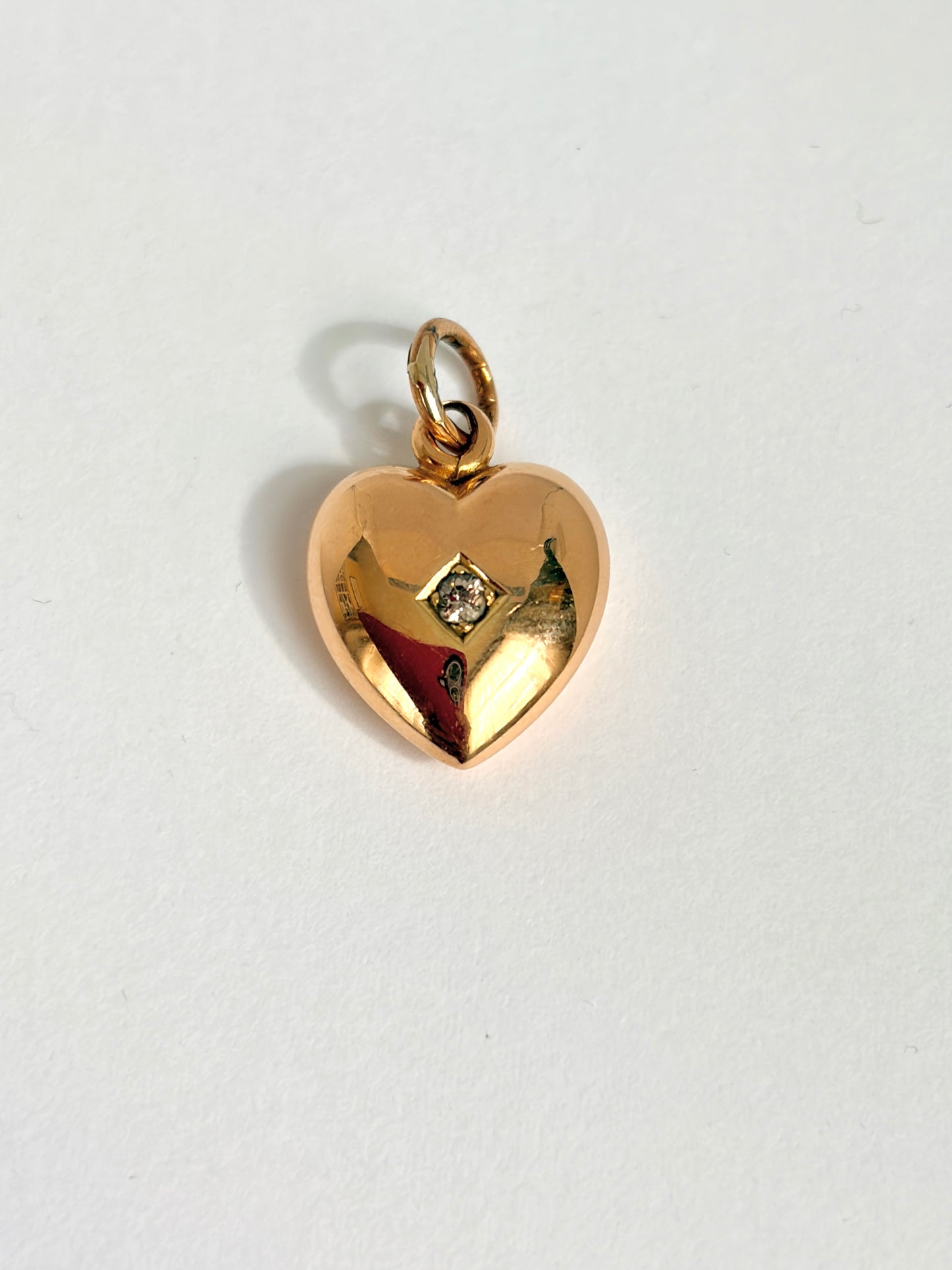 Vintage, 15ct Gold Puffy Heart Pendant with Old Mine Cut Diamond