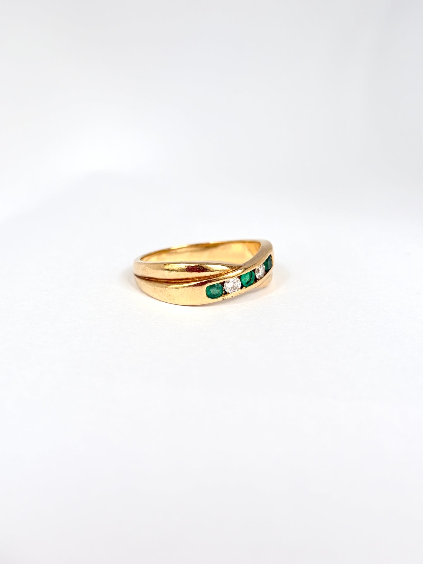 Vintage, 18ct Gold, Emerald and Diamond Cross Over Ring, 6.47g