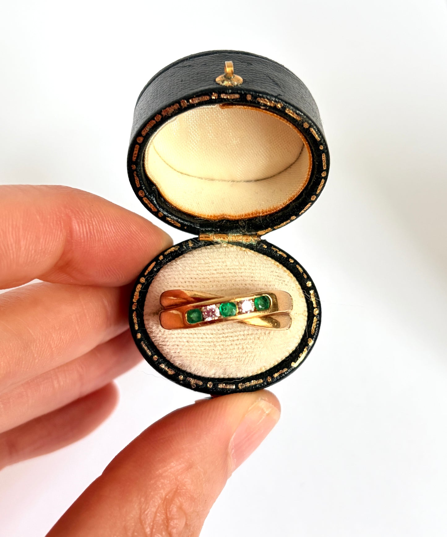 Vintage, 18ct Gold, Emerald and Diamond Cross Over Ring, 6.47g