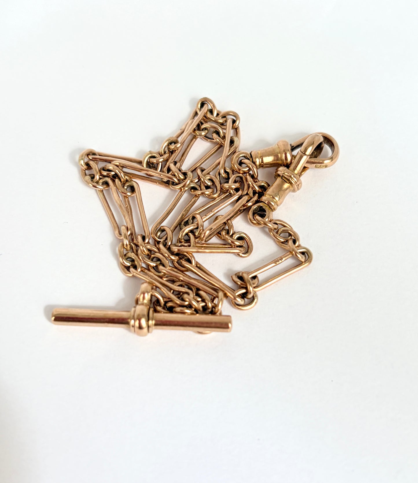 Antique, 9ct Gold paperclip watch chain with dog clip and T bar, 14.2 inches, 8.40g