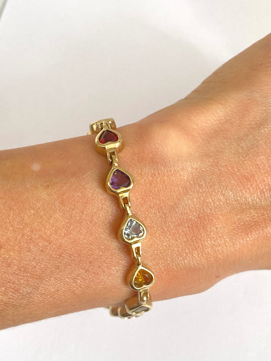 Vintage, 9ct Gold, Multi Gem Bracelet featuring, Garnet, Amethyst, Aquamarine, Citrine