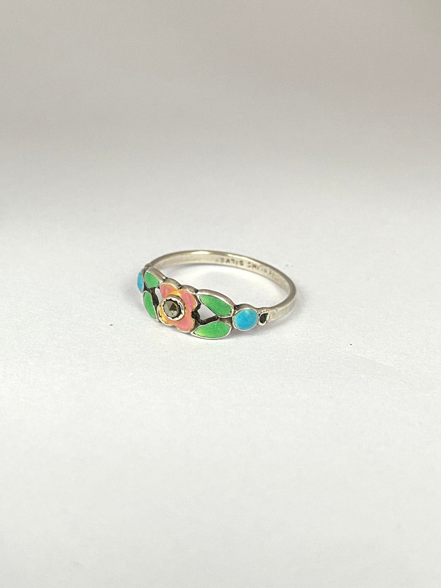 Art Nouveau, Sterling Silver Pastel Enamel Floral Ring