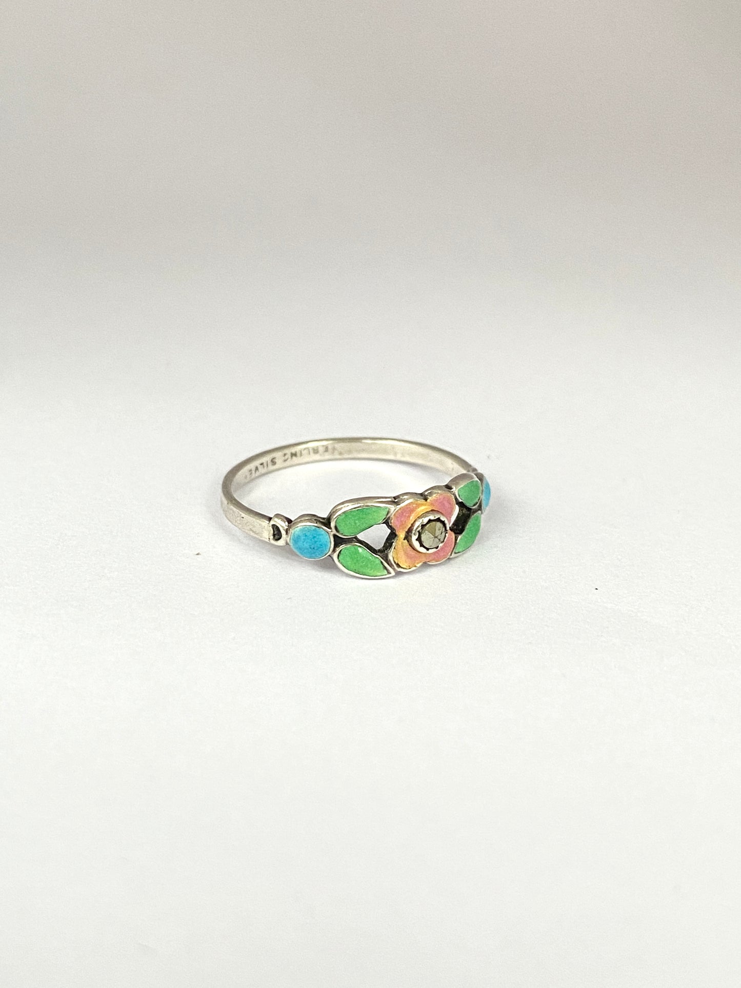 Art Nouveau, Sterling Silver Pastel Enamel Floral Ring