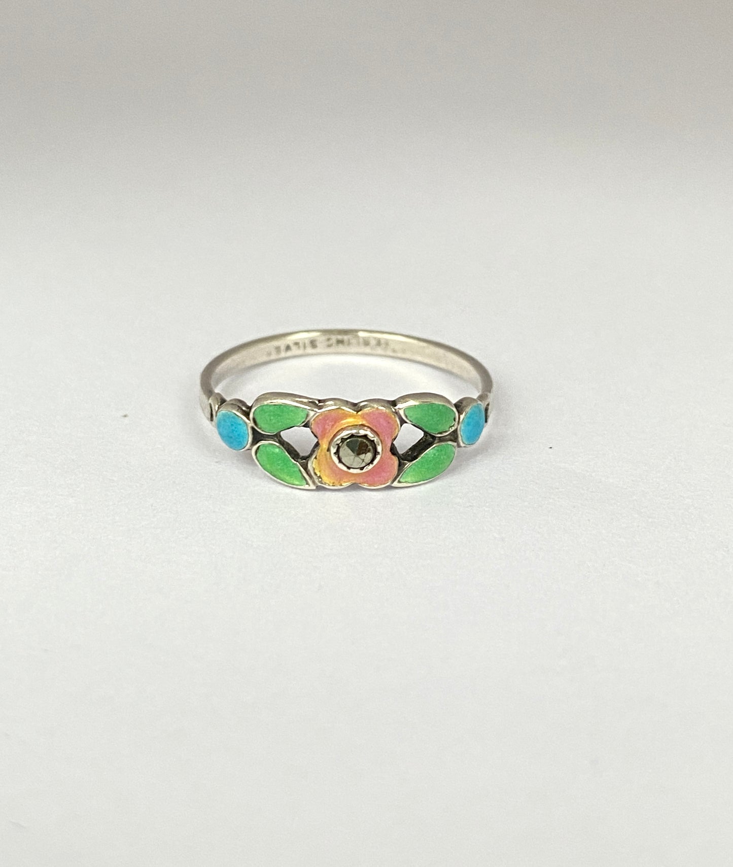 Art Nouveau, Sterling Silver Pastel Enamel Floral Ring