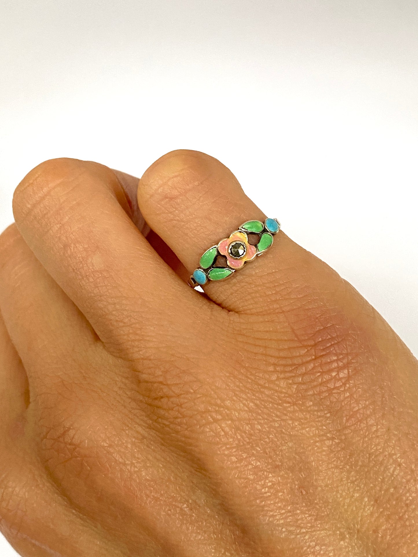 Art Nouveau, Sterling Silver Pastel Enamel Floral Ring