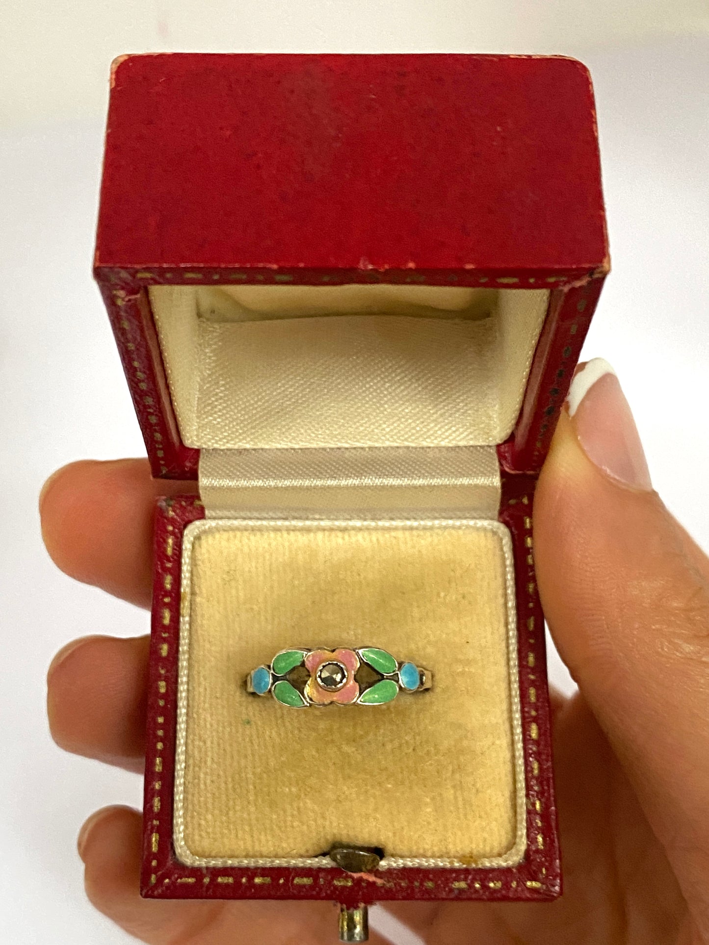 Art Nouveau, Sterling Silver Pastel Enamel Floral Ring