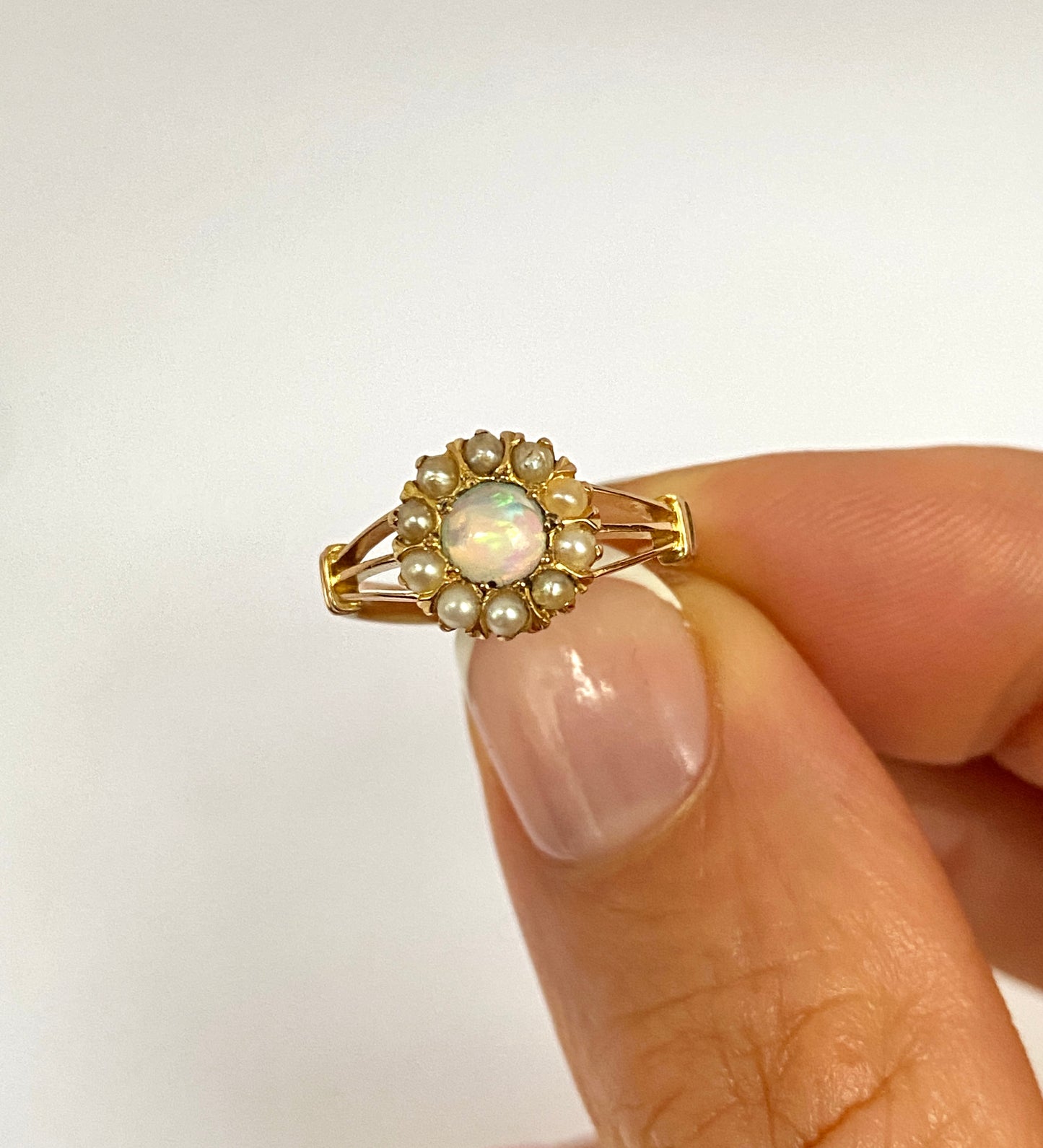 Sweet, Art Deco, Vintage, 18ct Gold, Opal and Pearl Cluster Ring