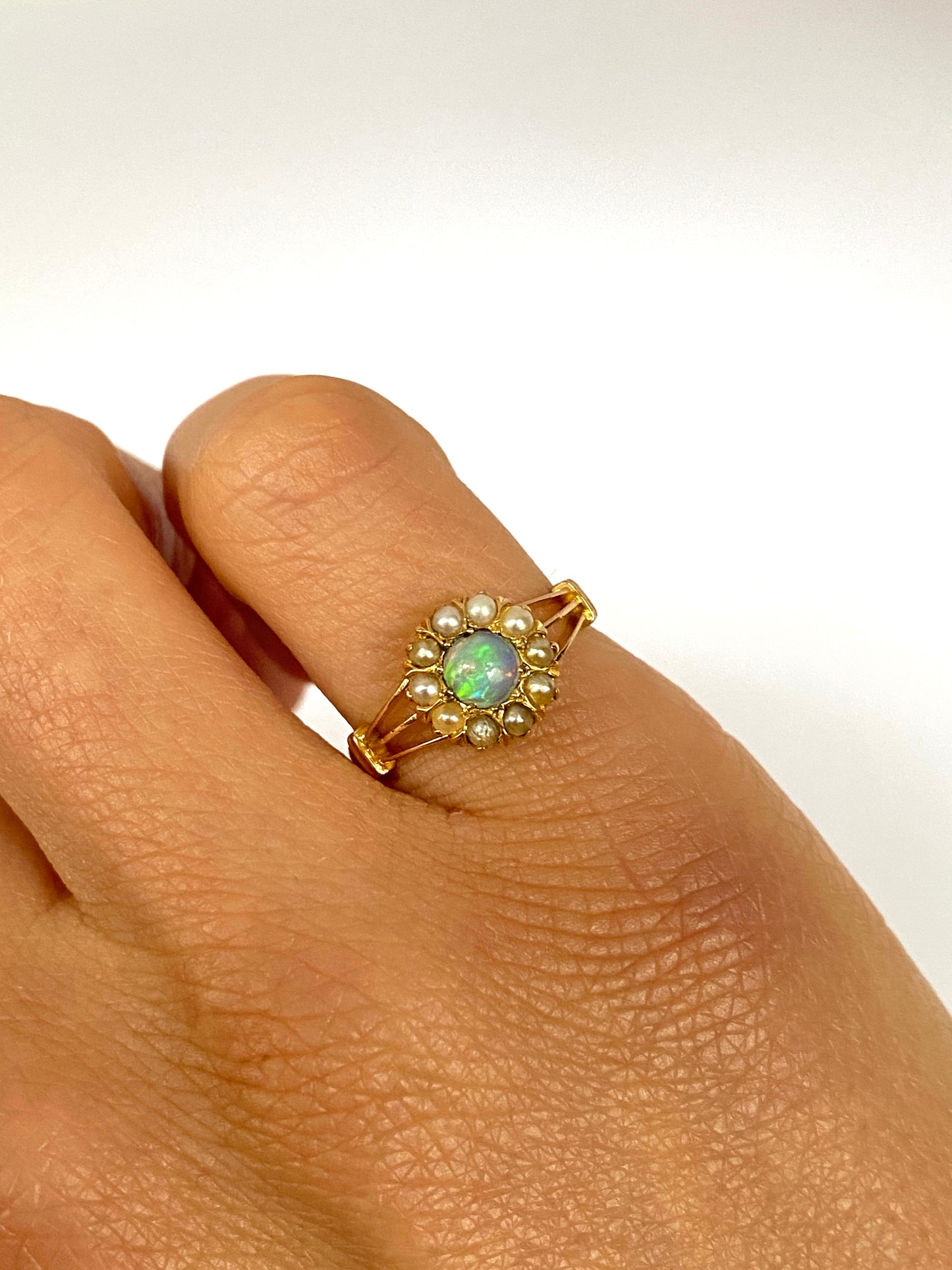 Sweet, Art Deco, Vintage, 18ct Gold, Opal and Pearl Cluster Ring