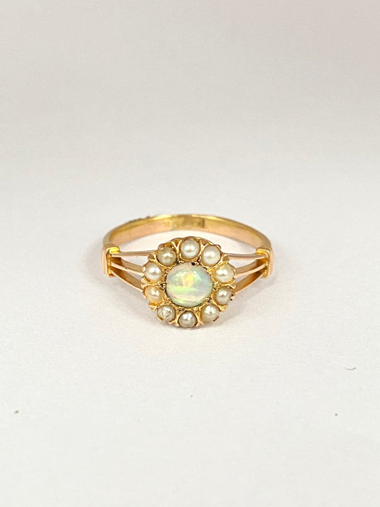 Sweet, Art Deco, Vintage, 18ct Gold, Opal and Pearl Cluster Ring