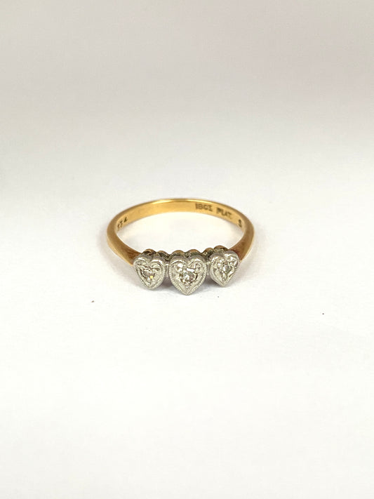 2nd payment Vintage, 18ct Gold and Platinum, Triple Heart Diamond Ring (1940s)