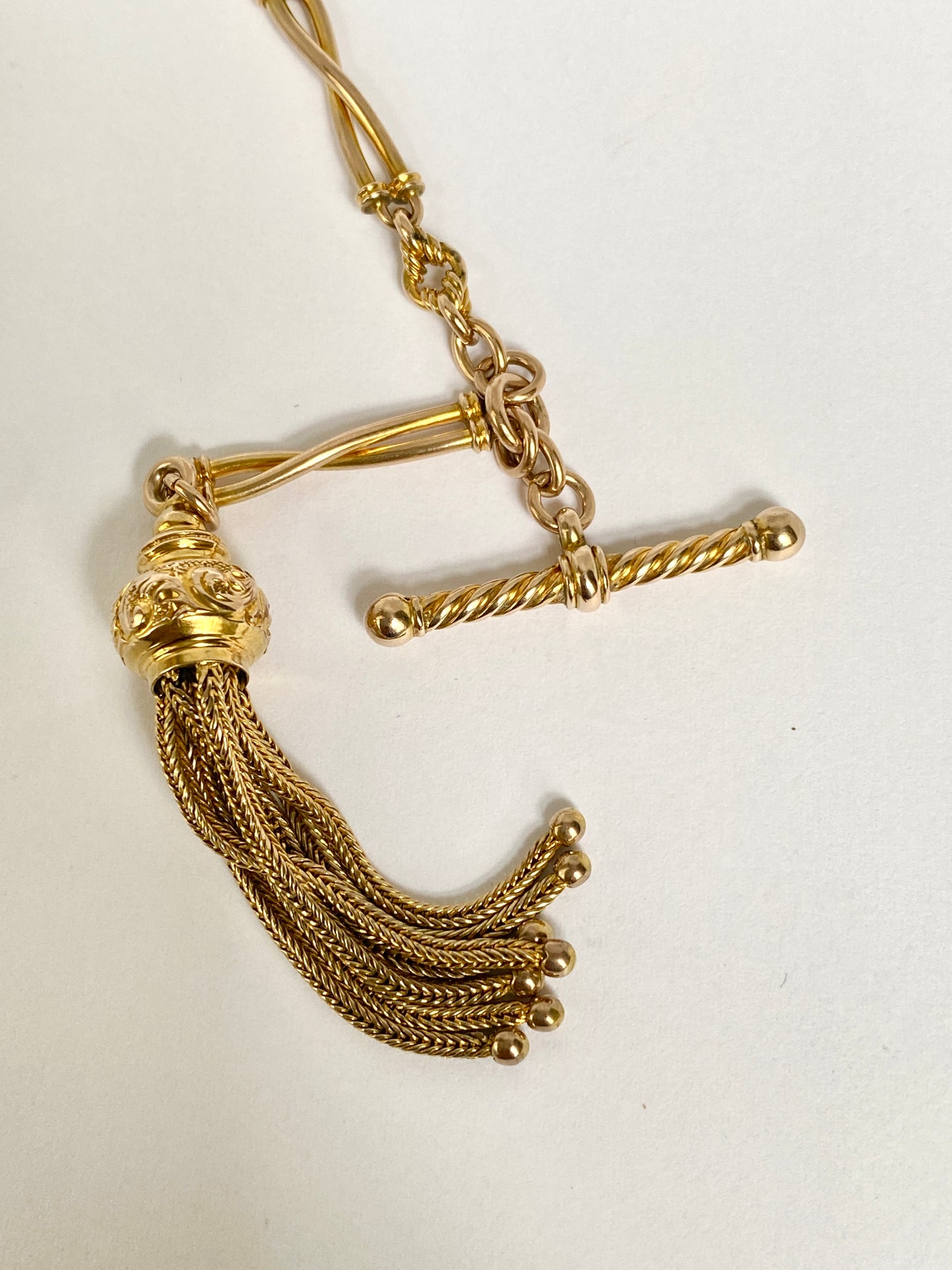 Antique, 9ct Gold Albertina Fancy Link Watch Chain Bracelet with T Bar, Dog Clip and Tassel