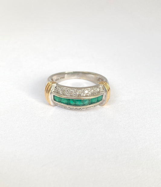 Vintage, 14ct Gold Diamond and Emerald Ring (1980s) 5.26g