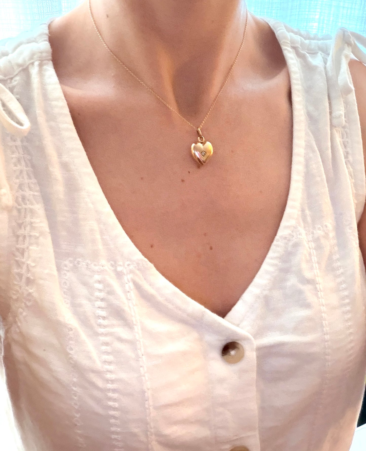 Vintage, 15ct Gold Puffy Heart Pendant with Old Mine Cut Diamond