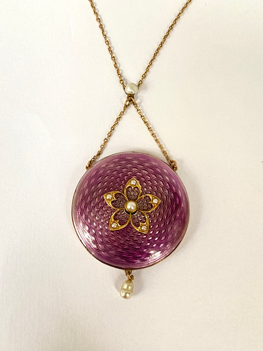 15ct Gold, Art Nouveau Guilloche Enamel Locket/Pendant Necklace (c1905)