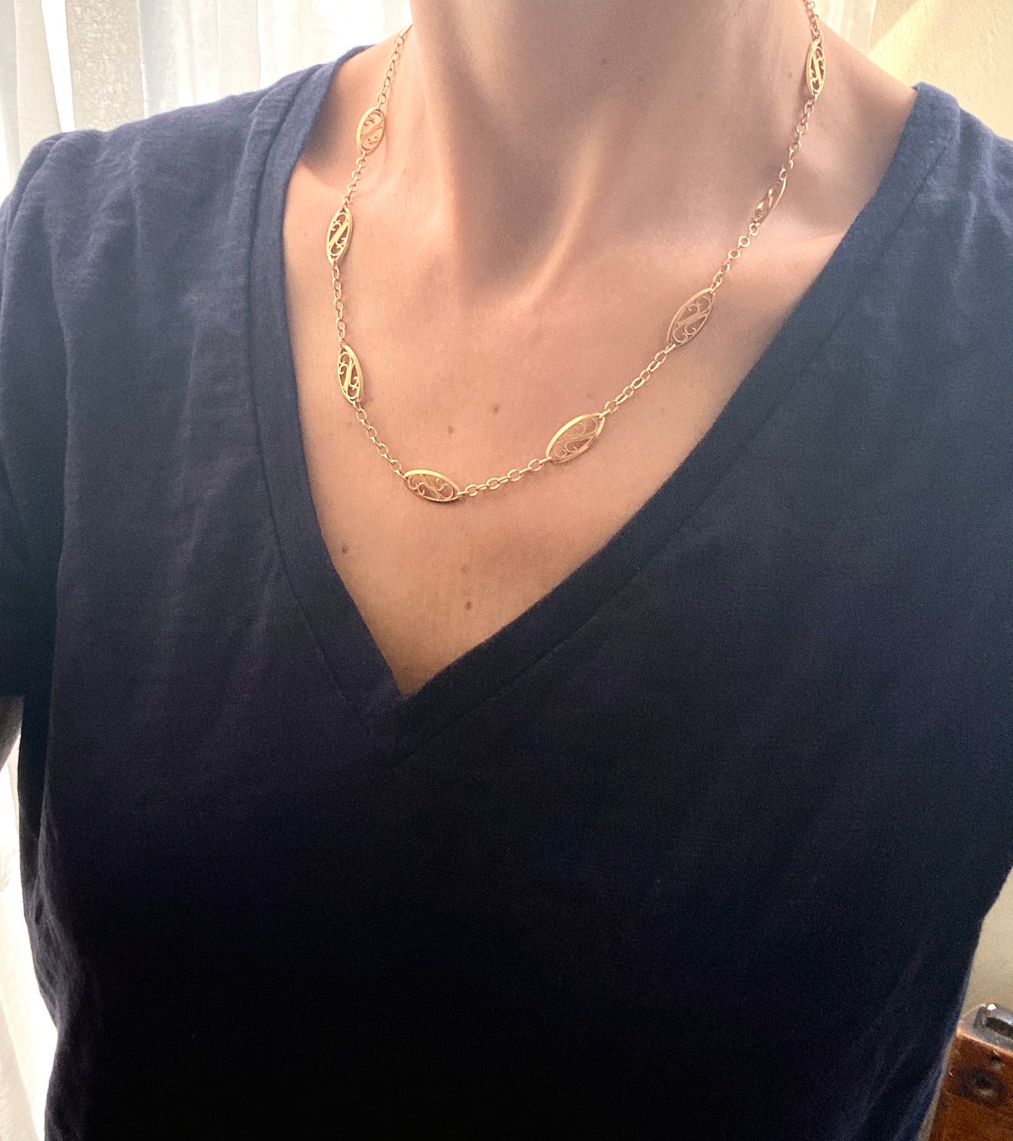 Stunning, 18ct Gold, 19.5 inch Antique French Filigree Link  Chain ( 14.20g)