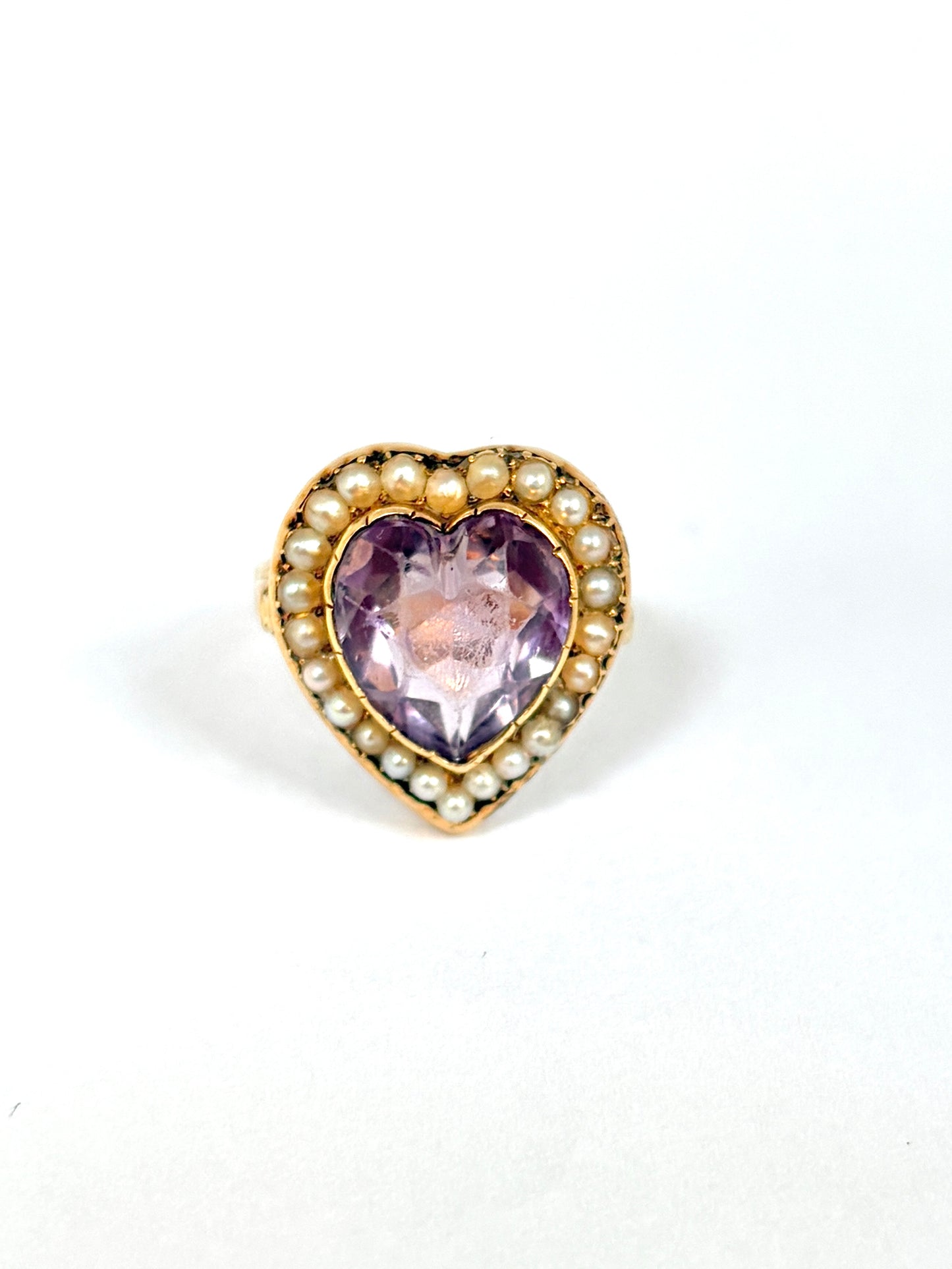 Large, Vintage 15ct Gold Amethyst Heart Ring with Seed Pearls